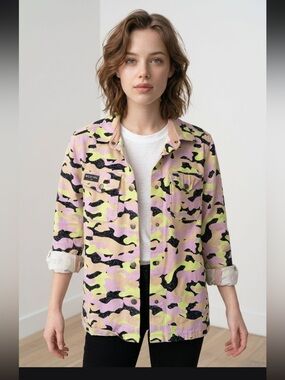 Wildfang Pastel Camo Shacket in Pink, Yellow & Black